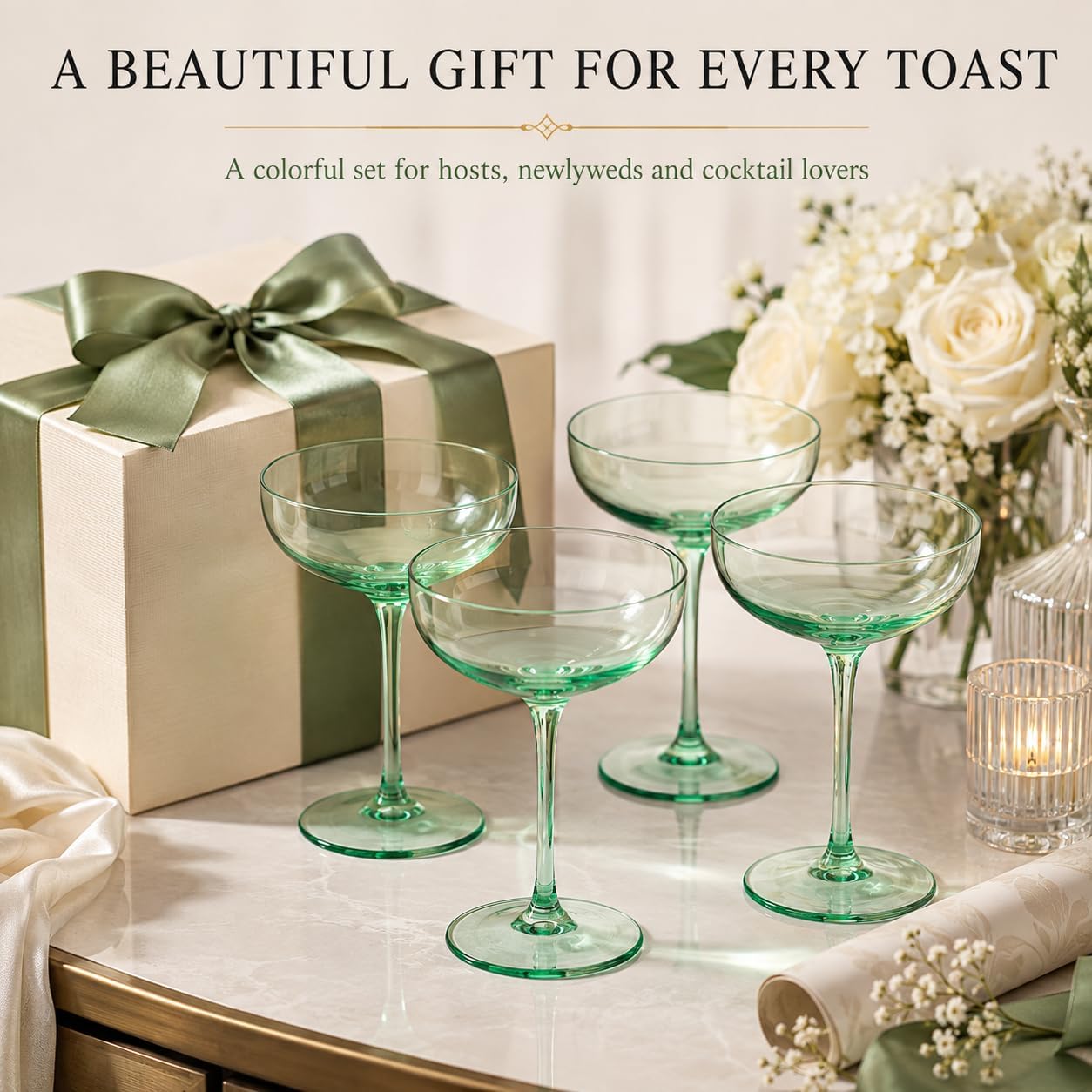 Green Colored Martini, Champagne and Cocktail Coupe Glass | 7oz | Set of 4 Colorful Valentine's Day Gifts Champagne & Glasses, Fancy Manhattan, Crystal Cocktails Barware Gifts (Mint Green)