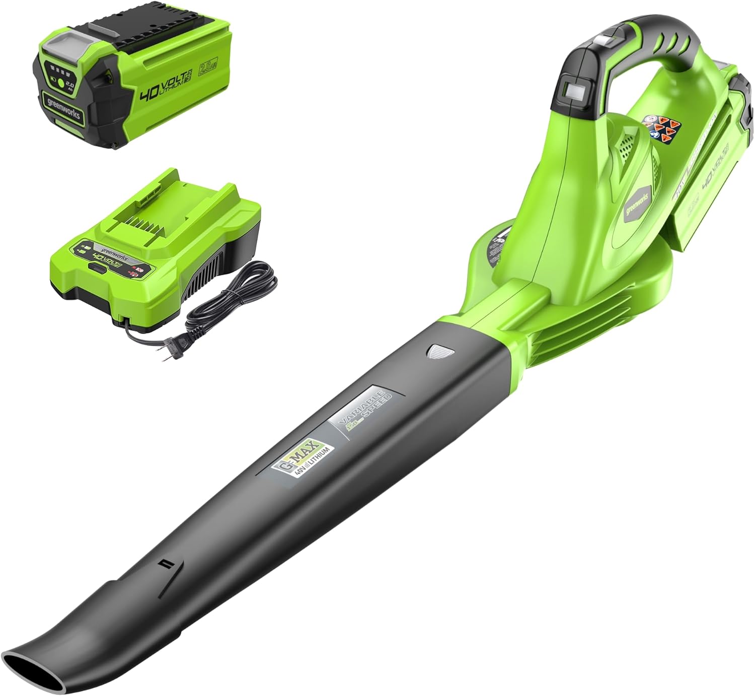 Product image of Greenworks 40V Leaf Blower/Sweeper, 150 MPH, Lightweight, Quiet, with 2.0 Ah Battery and Charger, Perfect for Residential Lawn Care, Leaf Blowing Debris, Dust, Light Snow, and More