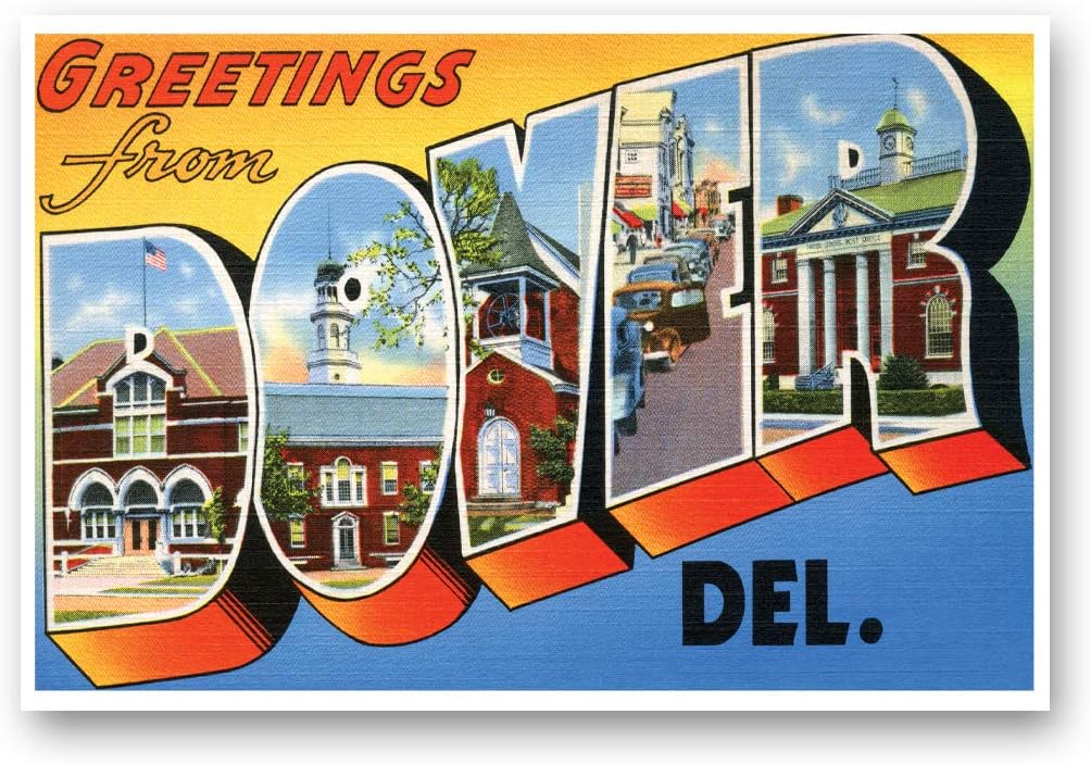 GREETINGS FROM DOVER, DE vintage reprint postcard set of 20 identical postcards. Large Letter Dover, Delaware city name post card pack (ca. 1930's-1940's). Made in USA.