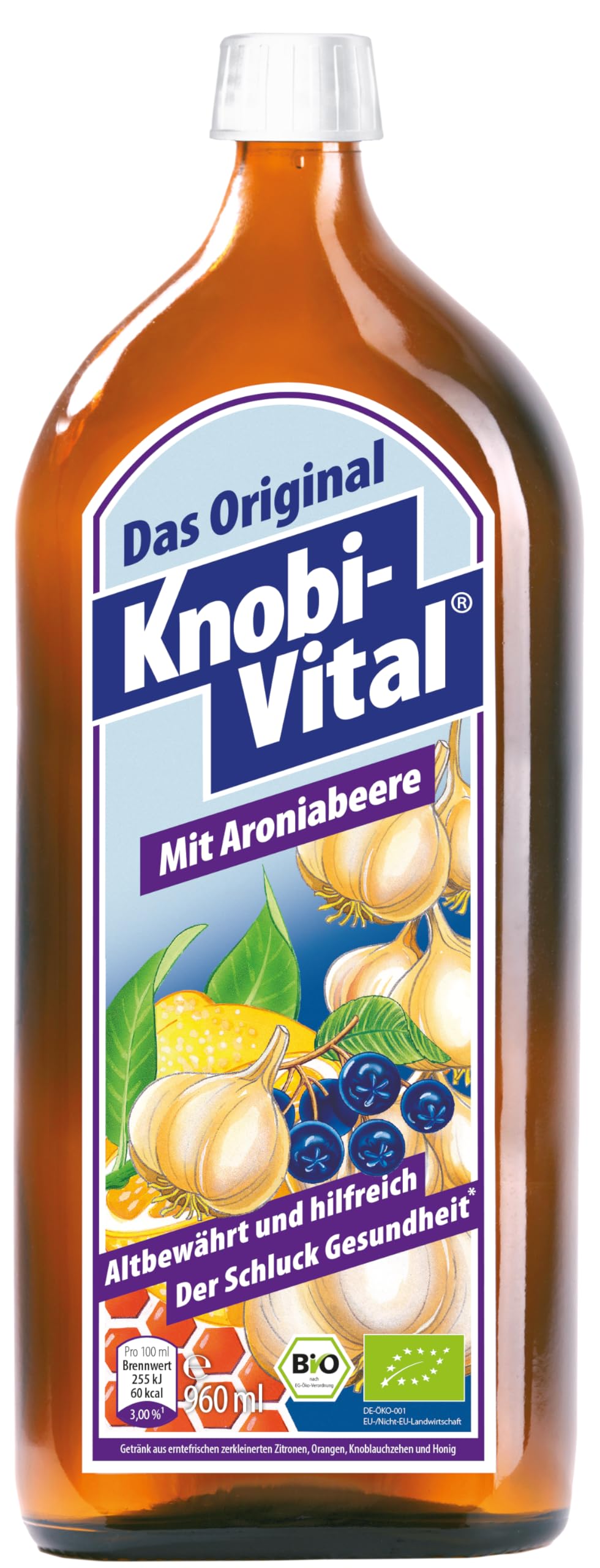 KnobiVital mit Aroniabeere Bio (960 ml) I Hochkonzentrierter Knoblauchsaft mit Thiamin für Energie, Nerven & Herz - Natürlich & ohne Zusätze