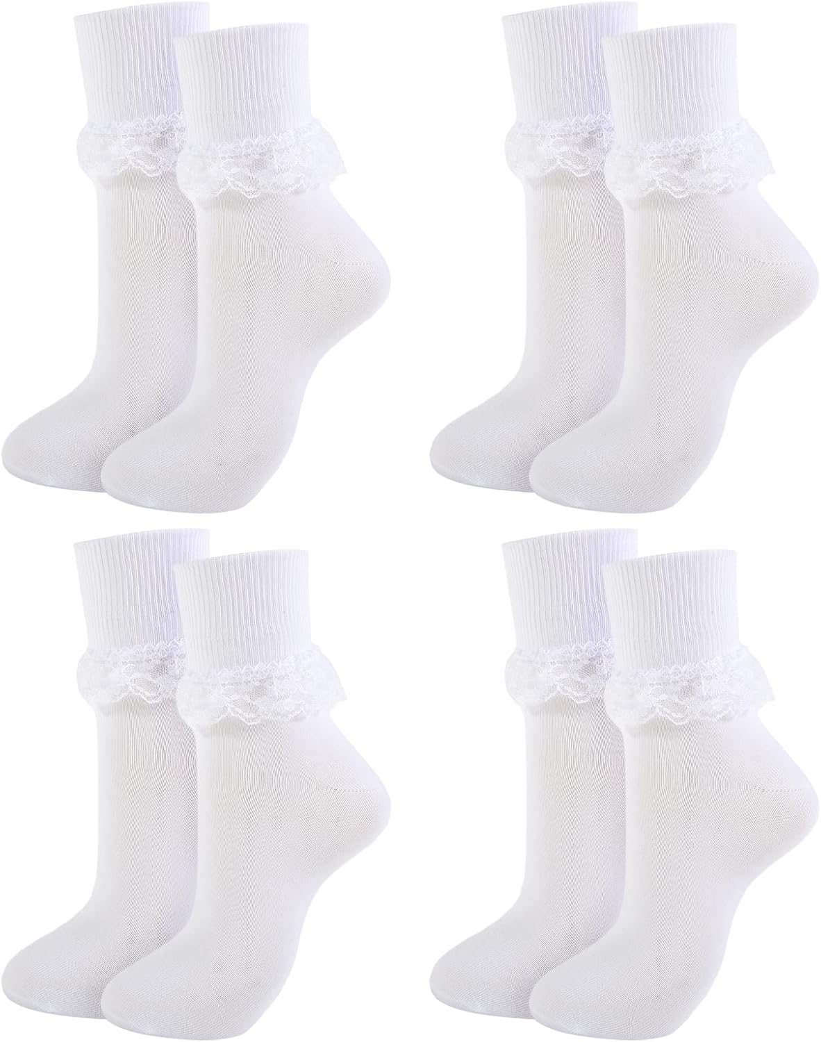 Women Lace Ruffle Crew Ankle Socks White Frilly Lacy Socks Cotton Fold Over Fancy Dress Socks for Woman Big Girls