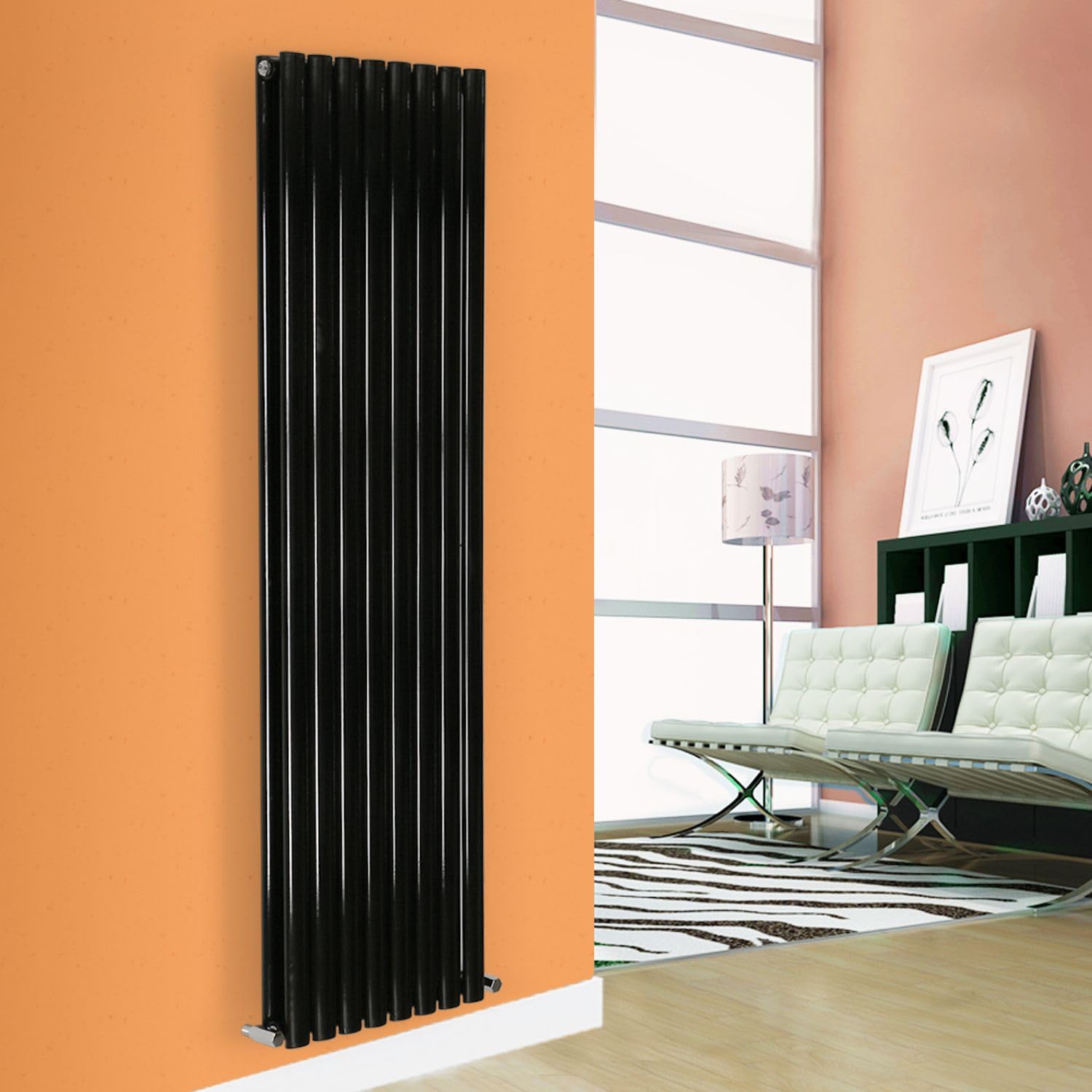 Horizontal Vertical Designer Radiator Oval Column White Anthracite Tall Upright Rads (Double - 1600 x 480mm, Black)