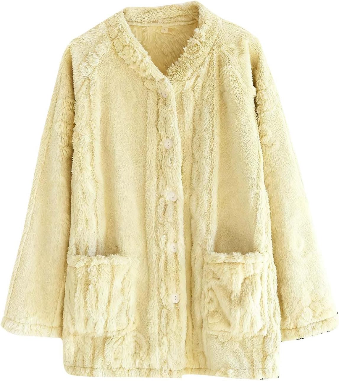 Oplxuo Plush Bed Jackets for Elderly Women Cozy Fuzzy Fleece Pajama Tops Button Up Sleepwear Long Sleeve Coats with Pockets