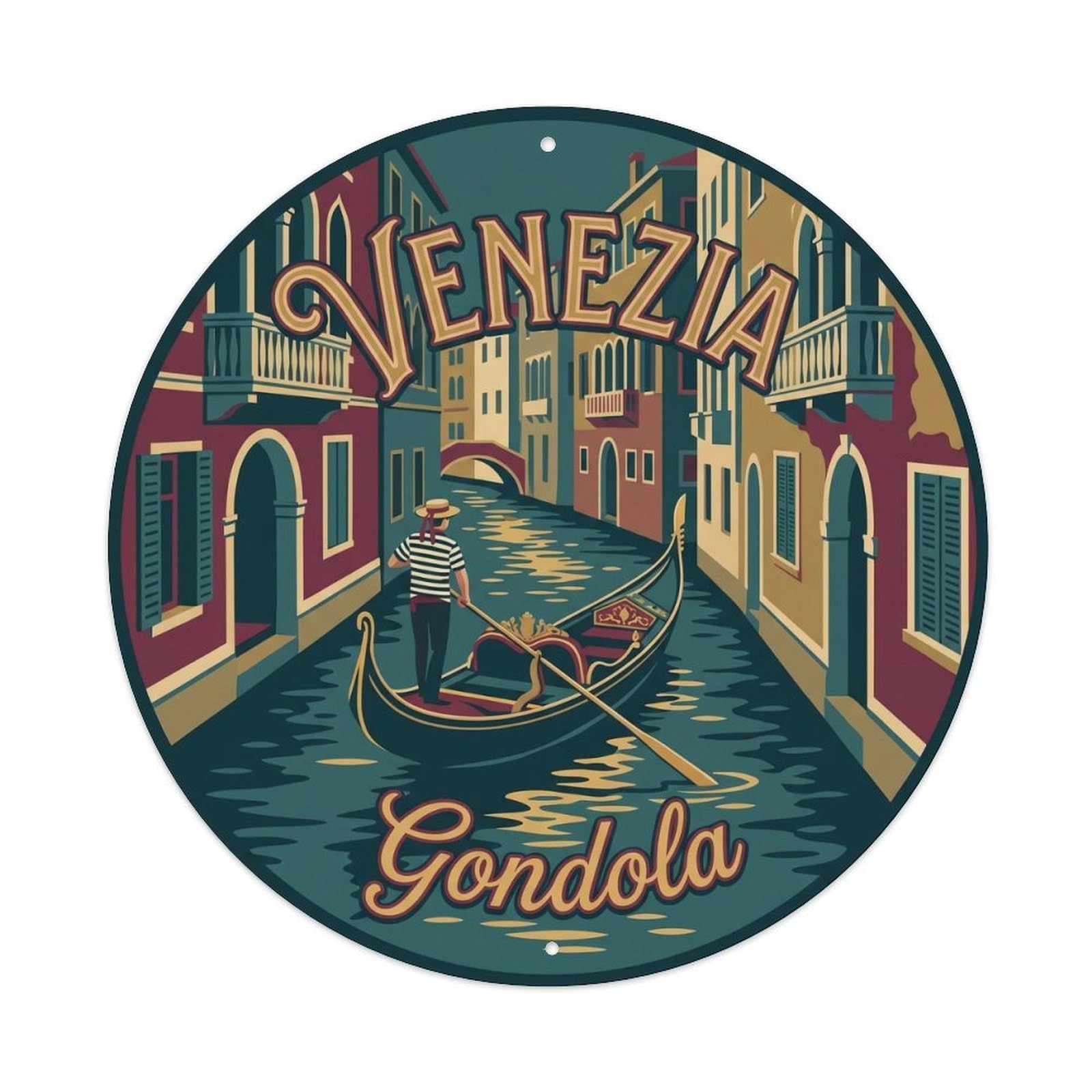 Vintage Travel Venice Gondola Waterway Metal Tin Sign Plaque Wall Decor for Cafe, Club Bar, Office, Home Garden Round Metal Poster 8x8Inch