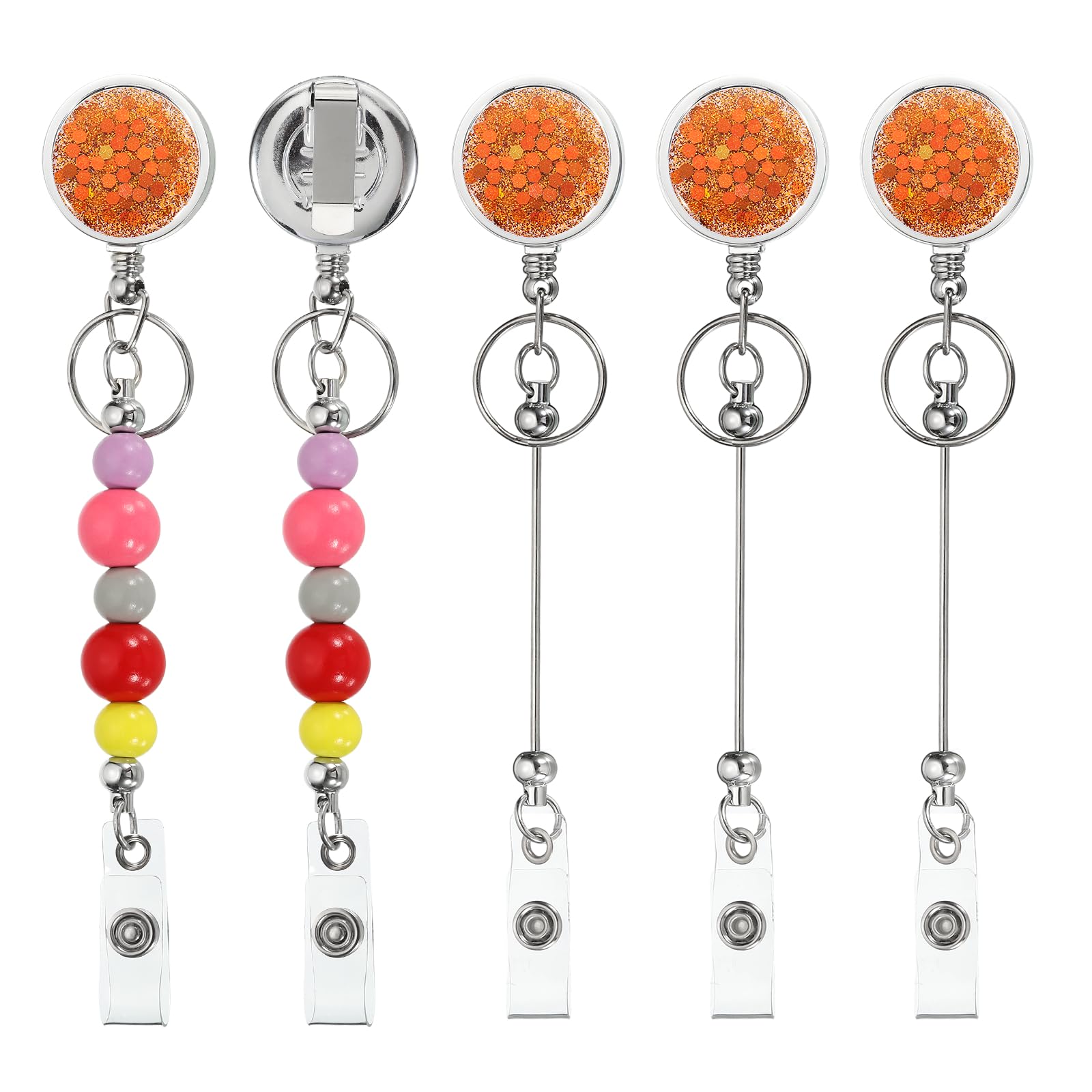 PATIKIL Beadable Badge Reels, 5 Pcs Bead Retractable Badge Holder, Retractable Bead Reel Keychain Blank Bar with Belt Clip for ID Name Key Teachers Office Workers DIY Gift, Orange