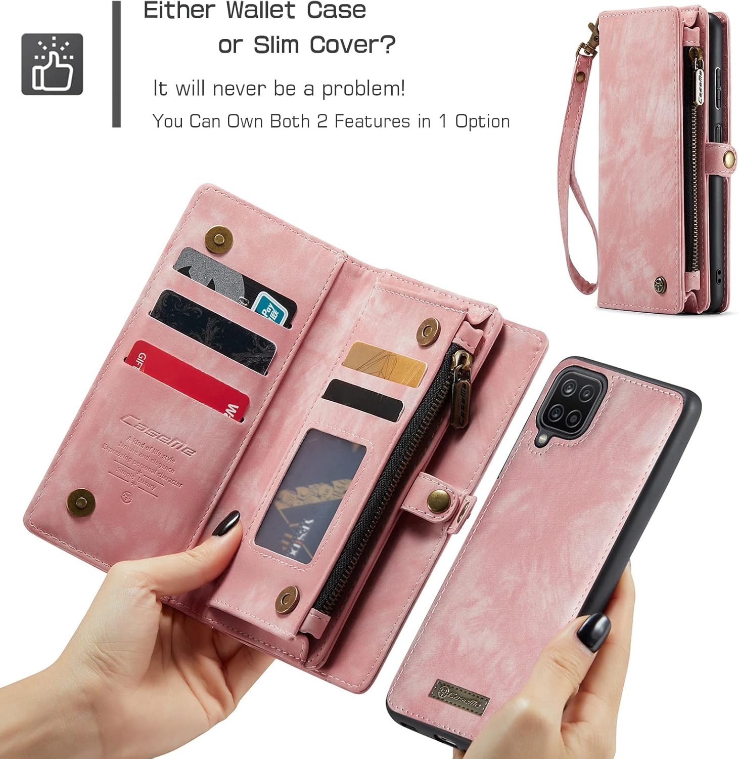 Case for Samsung Galaxy A12, Genuine Leather Wallet Detachable Magnetic Cell Phone Cover Zipper Purse RFID Blocking Card Slot Holster for Samsung Galaxy A12 5G 2021 (Pink)