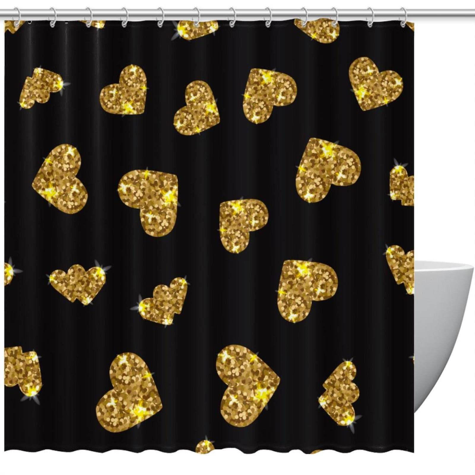 Rideau de douche noir anti-moisissure et imperméable 183x183 cm avec cœurs pailletés