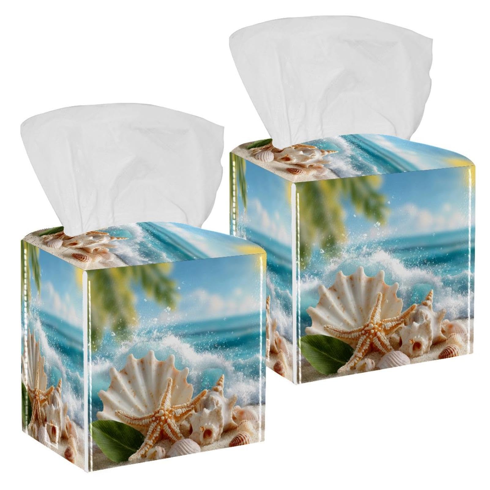 Beach Starfish Tissue Box Cover, 2 Pack PU Leather Square Facial Tissue Dispenser Box holder for Home Office Car