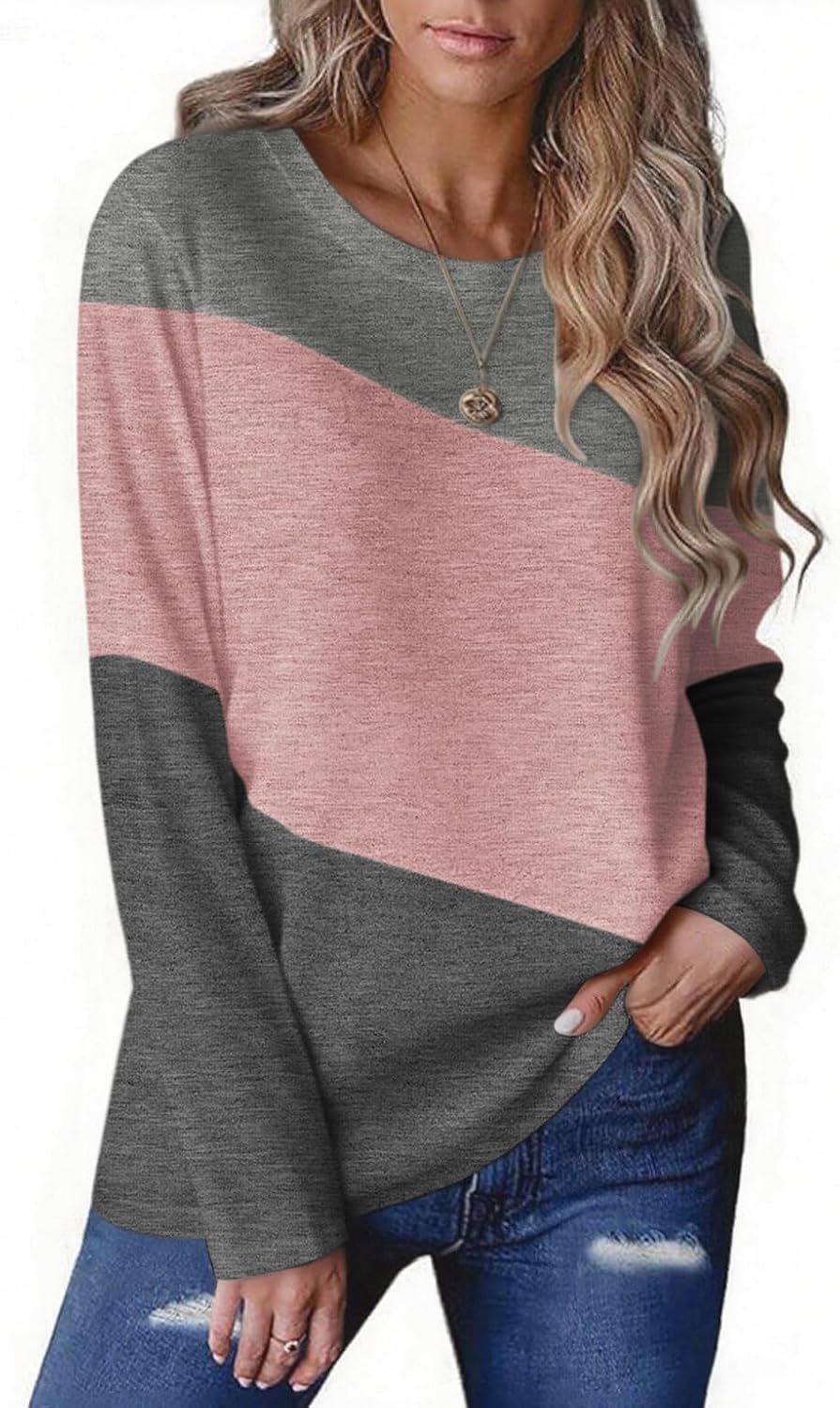 Zeagoo Women's Color Block Tops Long Sleeve Fall Tunic Top Casual Round Neck Pullover Shirts Dressy Work Outfit 2025