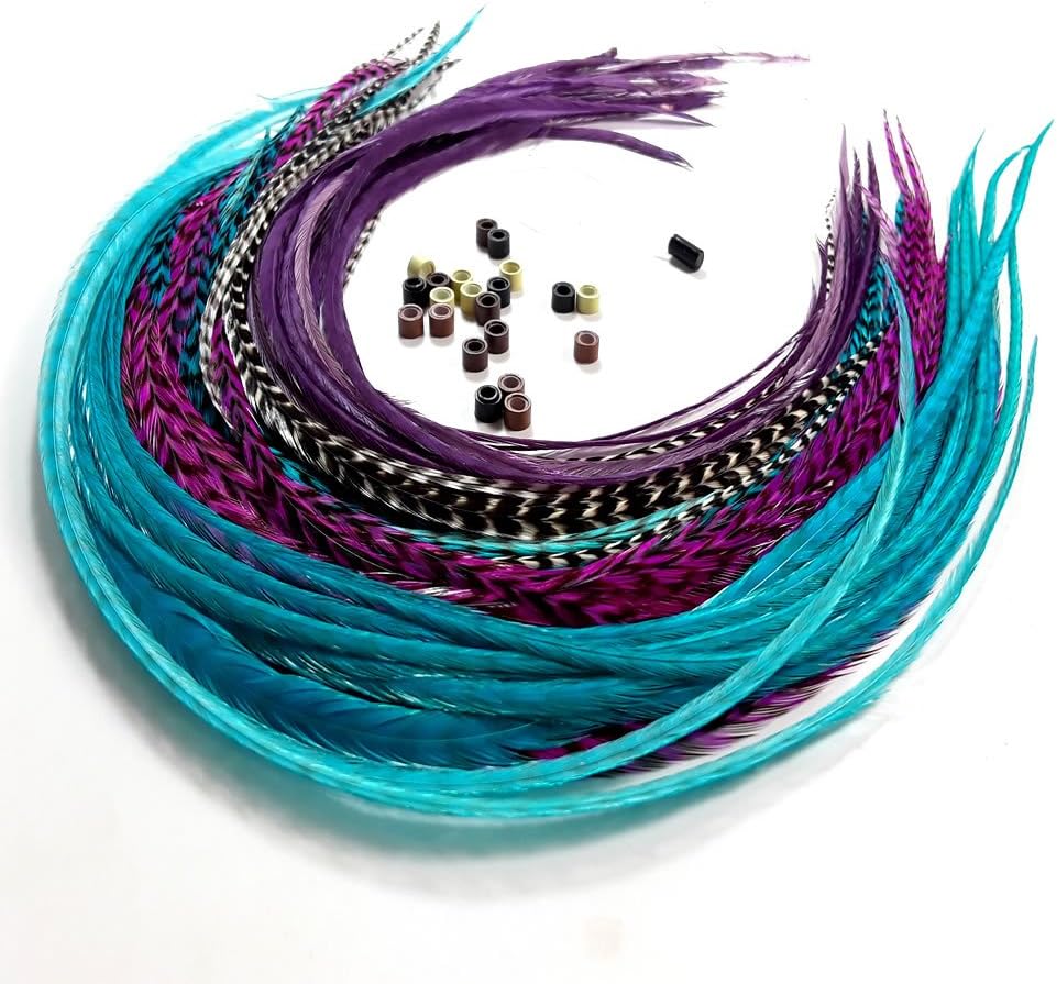 Feather Hair Extensions, 100% Real Rooster Feathers, Long Violet, Purple, Blue Colors, 20 Feathers with 20 Beads and Loop Tool Kit by Sexy Sparkles