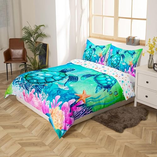 Miniatura 6 de Funda de Edredón de Tortuga Marina Verde Azul Juego de Ropa de Cama Ocean Queen, Colorido Mundo Submarino Juego de Funda de Edredón para Niños,