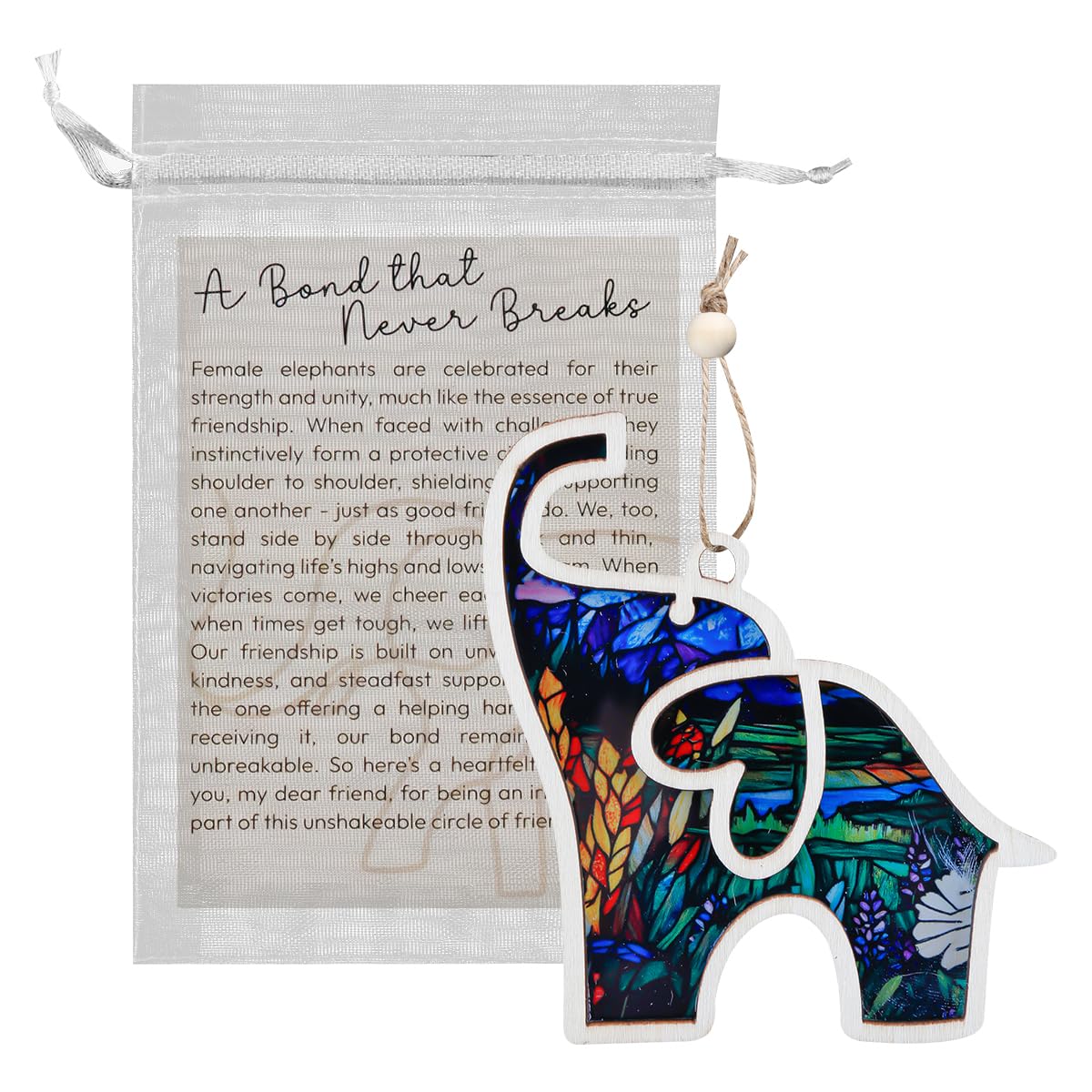 Lotsdonxia Women's Style A Wooden Elephant Ornament With Story Card, Floral Friendship Gift For Cute Hanging Decor For Sisterhood, Home And Party Decoration (Style A)