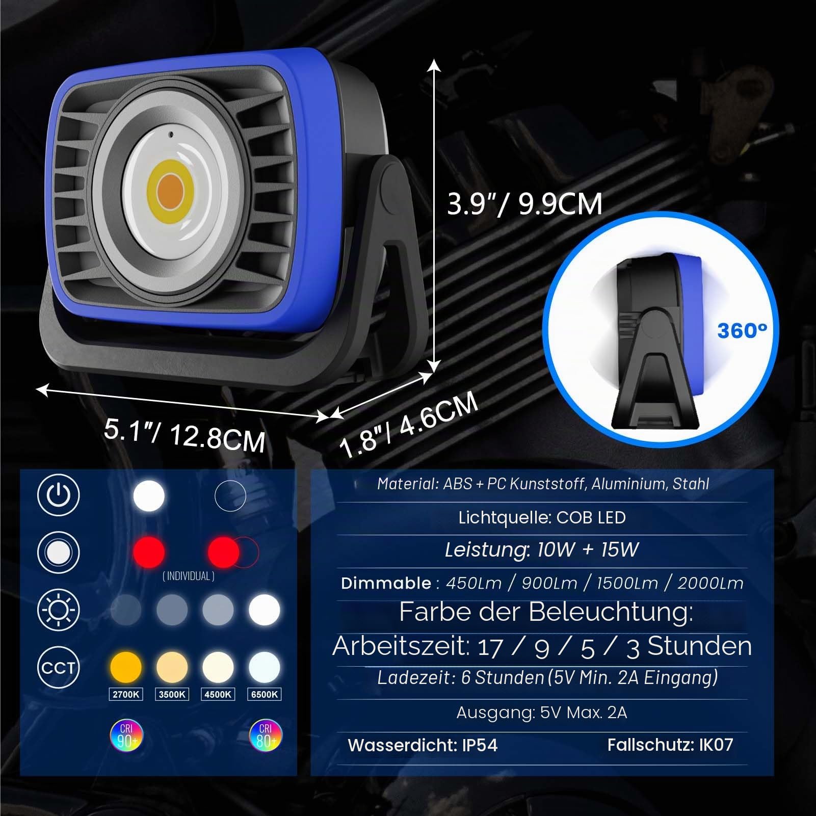 LED Baustrahler Arbeitsleuchte Akku Arbeitsstrahler Lampe mit Magnet, Maximal 2000Lm COB LED Helligkeit Dimmbar, 4 Beleuchtungsfarben, IP54, 8000mAh mit Powerbank Funktion für Werkstatt