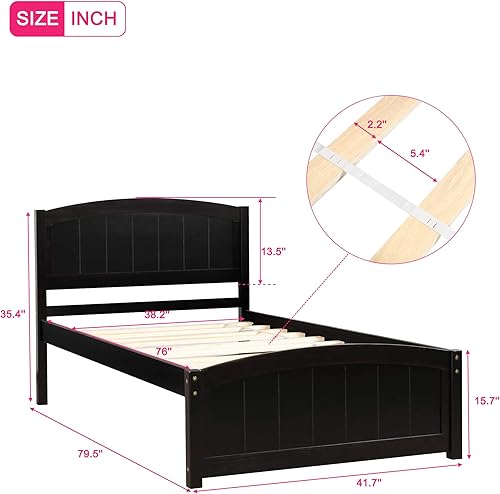 Miniatura 2 de Harper & Bright Designs Base de cama individual, plataforma de madera con cabecera y estribo, soporte de listones de madera, no necesita somier,