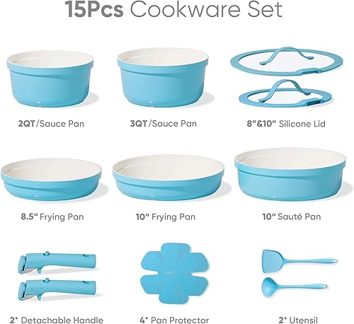 Miniatura 2 de CAROTE Juego de 15 ollas y sartenes, juegos de utensilios de cocina de cerámica antiadherentes con mango desmontable, ollas y sartenes de cocina de