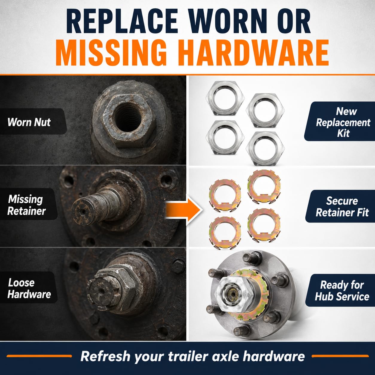 6-191 Trailer Axle Spindle Jam Nut & 6-190 Retainer Kit, 4 Sets Zinc-Plated Steel Hardware Compatible with Dexter E-Z Lube 2K-8K Axles, 8K After Aug 2003