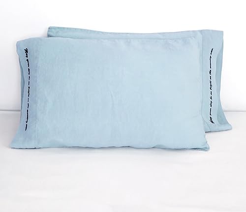 Fundas de almohada de lino con diseño bordado, 20"x40" tamaño King, juego de 2, 100% lino francés suave hecho a mano, bordado color azul bebé