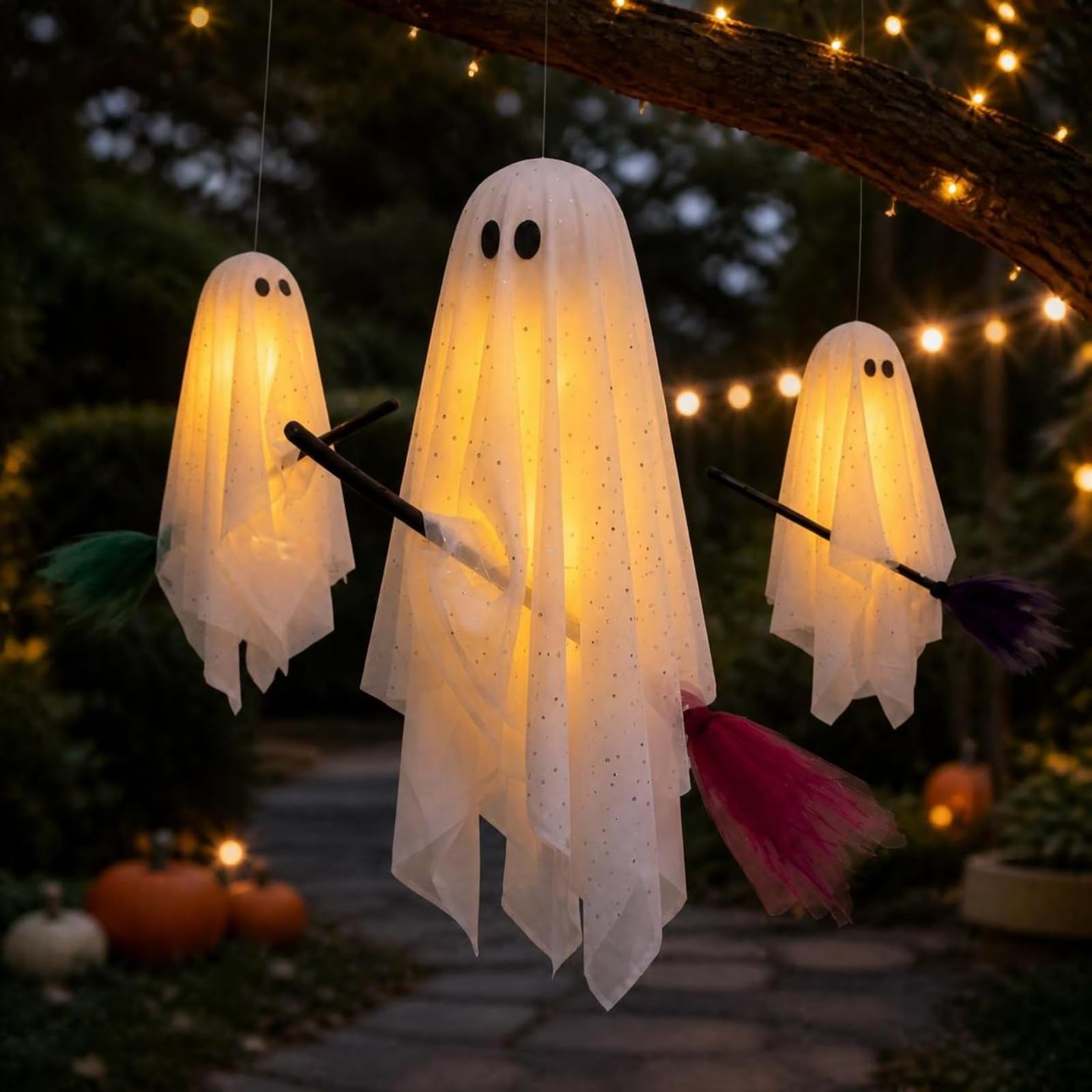 3 Pezzi con Scopa Leggero a Bottone Incluse, Sospeso, Effetto Luminoso Spettrale, Ornamento, per Casa Sgata