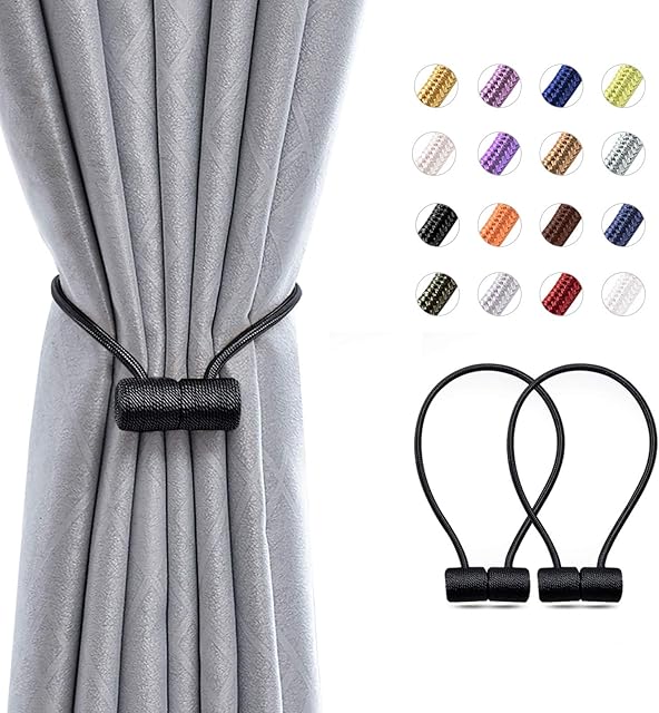 Pretty Jolly 2 Pack Magnetic Curtain Tiebacks 16 Inch Modern Handmade Weave Rope Curtain Holdbacks Convenient Decorative Curtain Drape Tie Backs for Home and Office Window Drapery (Black)