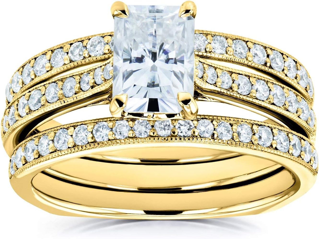 Kobelli Radiant Forever One Moissanite DEF Square Shank Trellis 3-Piece Bridal Rings Set 1 4/5 TCW 14k Yellow Gold