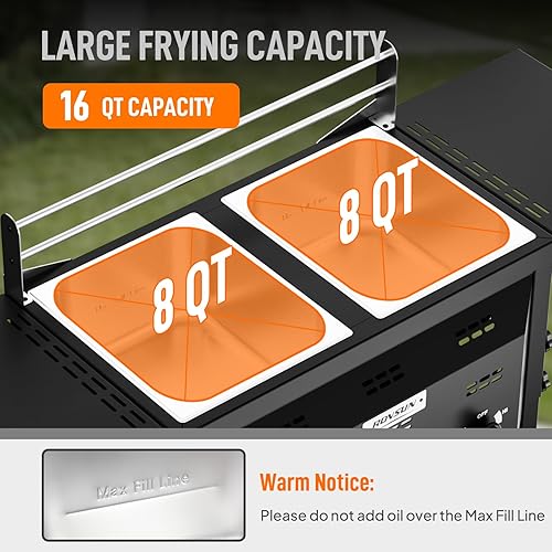 Miniatura 3 de Bonnlo Freidora para exteriores con tanque y canasta doble de 8 cuartos de galón, freidora de propano de 24,000 BTU con estante lateral y
