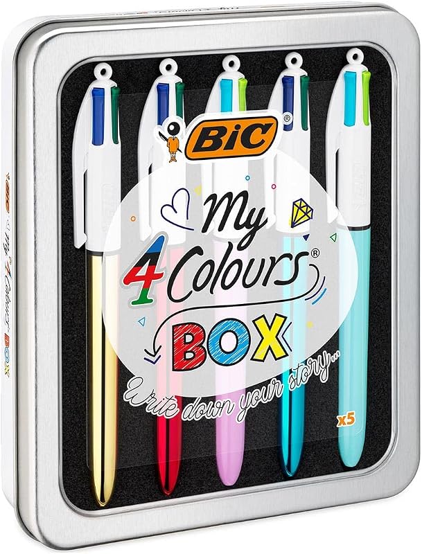 Bic 4 Colours Pens In A Special Metal Tin of 5 Pens, Includes mix of Shine and Bright Barrel Coloured Ink,Black, red, blue, green