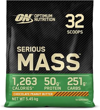 Optimum Nutrition Serious Mass Protein Powder High Calorie Mass Gainer with Vitamins, Creatine and Glutamine, Chocolate Peanut Butter, 16 Servings, 5.45 kg, Packaging May Vary