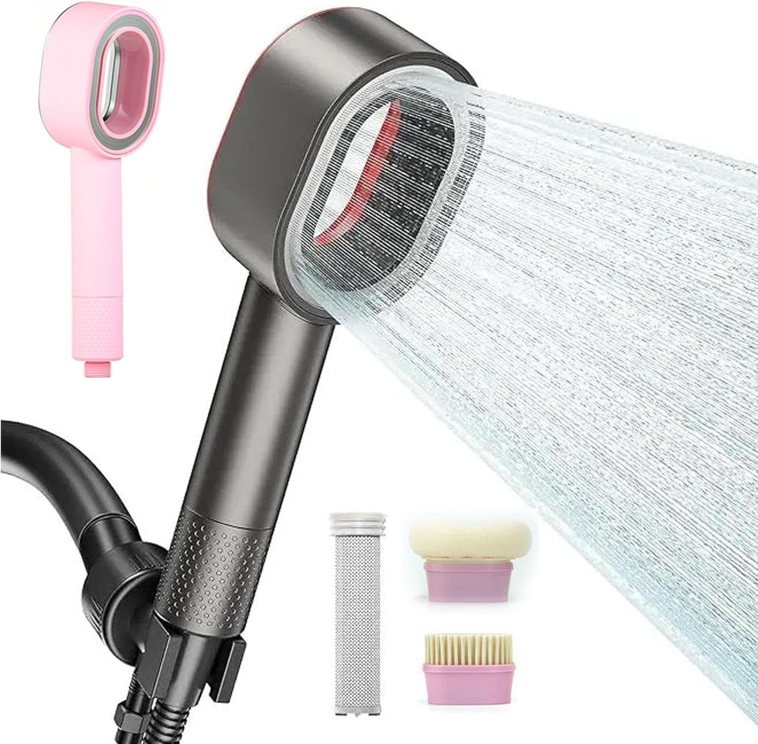 3-in-1 Duschkopf mit Filter, Hochdruck-Massagebrause für hartes Wasser (Rosa)