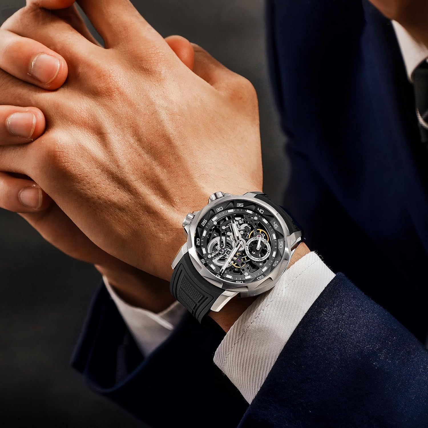 FEICE FM511 Men's Automatic Skeleton Watch, Luxury Sapphire Crystal Glass Blue Dial Luminous Hands, 5ATM Waterproof Sport Wristwatch with Silicone Strap for Men, Casual Mechanical Watches for Men.
