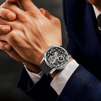 FEICE FM511 Men's Automatic Skeleton Watch, Waterproof, Sapphire Crystal, 5 ATM Water Resistant, Shock Resistant, Luminous Display, Business Wristwatch, Silicone Strap, Black
