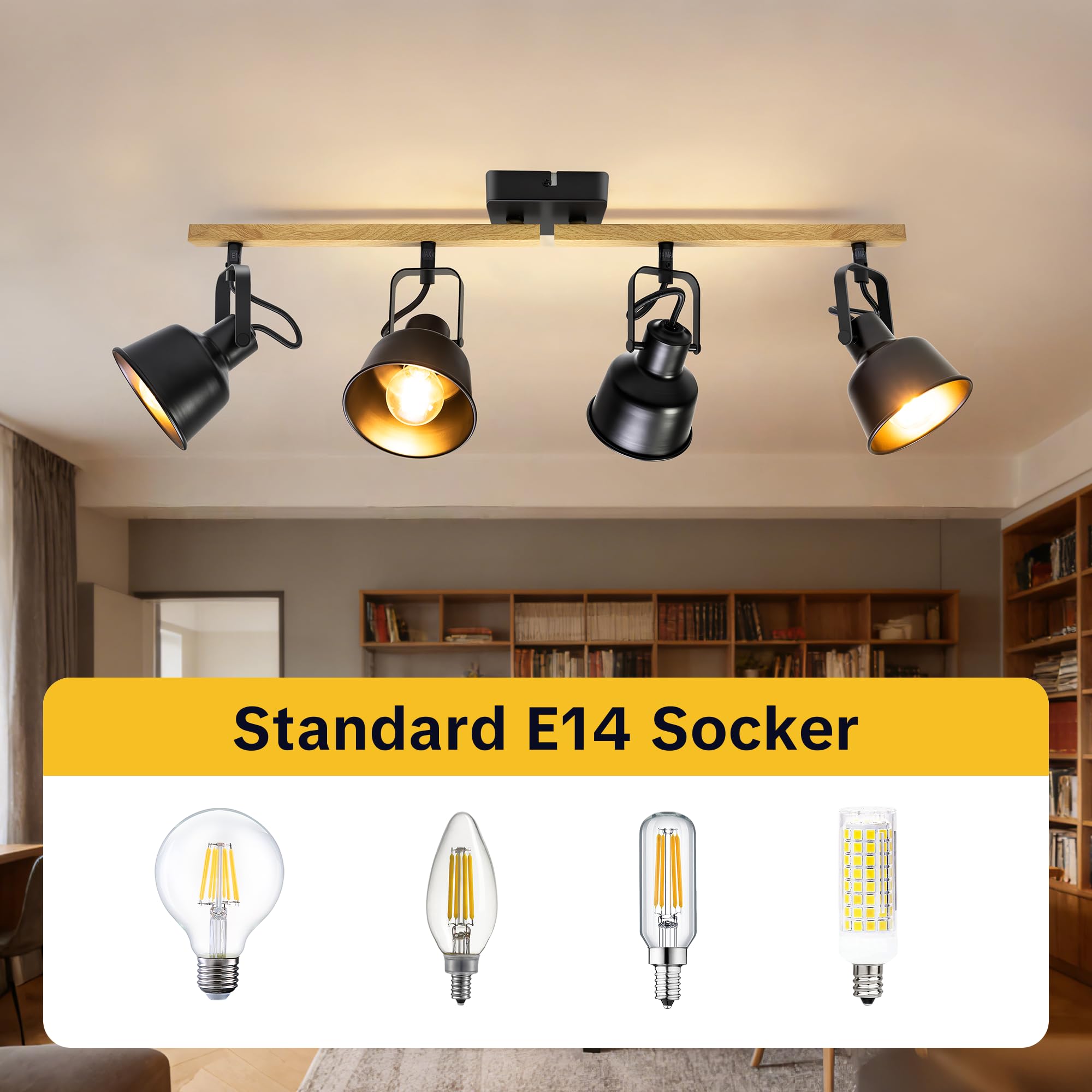 Lámpara Techo Focos, 4 Focos Led Interior Techo Base E14, Apliques Techo Focos con madera Base Rectangular, 350° Giratorios Plafón Foco de Techo LED, Negro (Sin Bombilla)