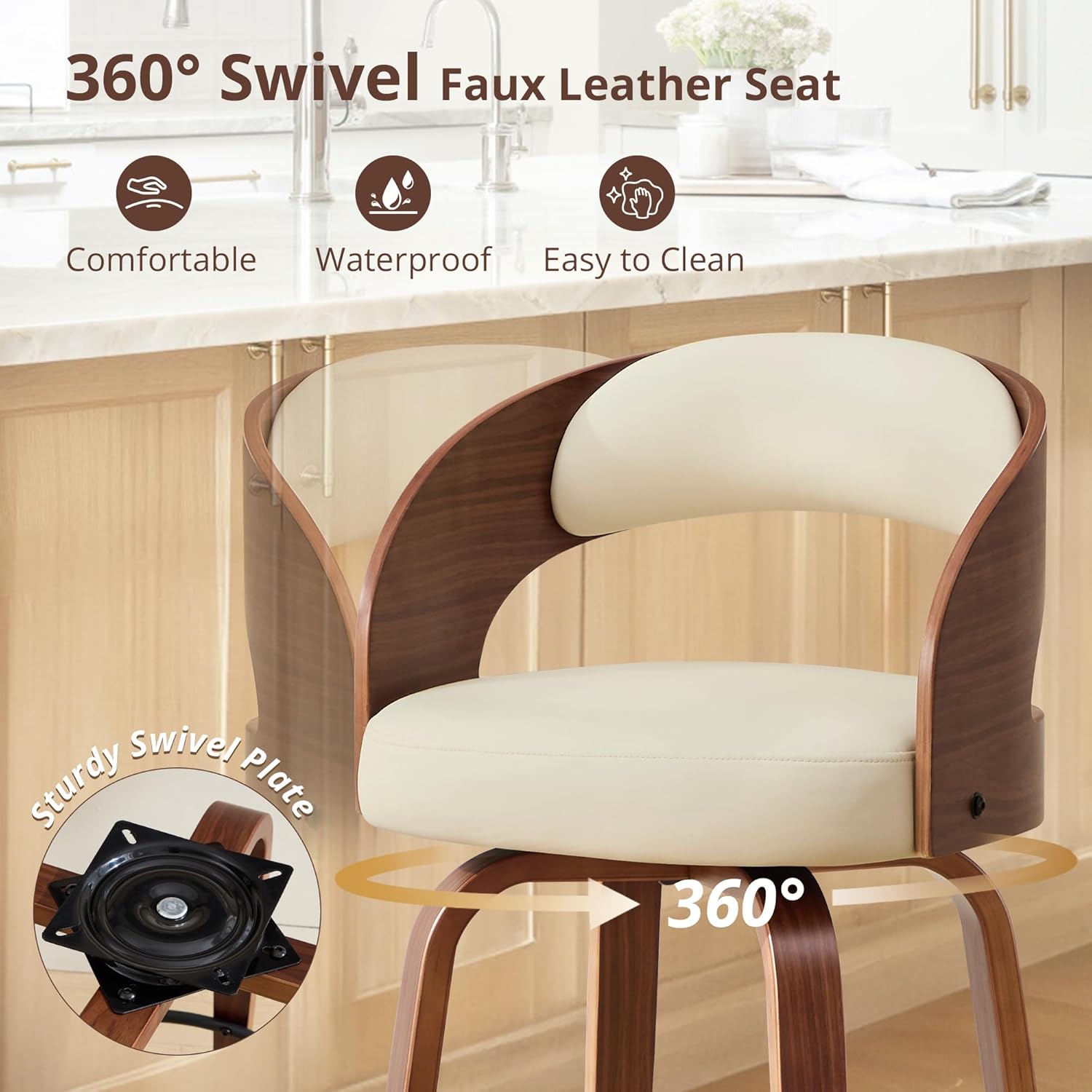26" Swivel Bar Stools Set of 2,Faux Leather Upholstered Counter Height Barstools with Back,Mid-Century Modern Bar Chairs with Bentwood Legs and Footrest for Kitchen Island Bar Counter Beige