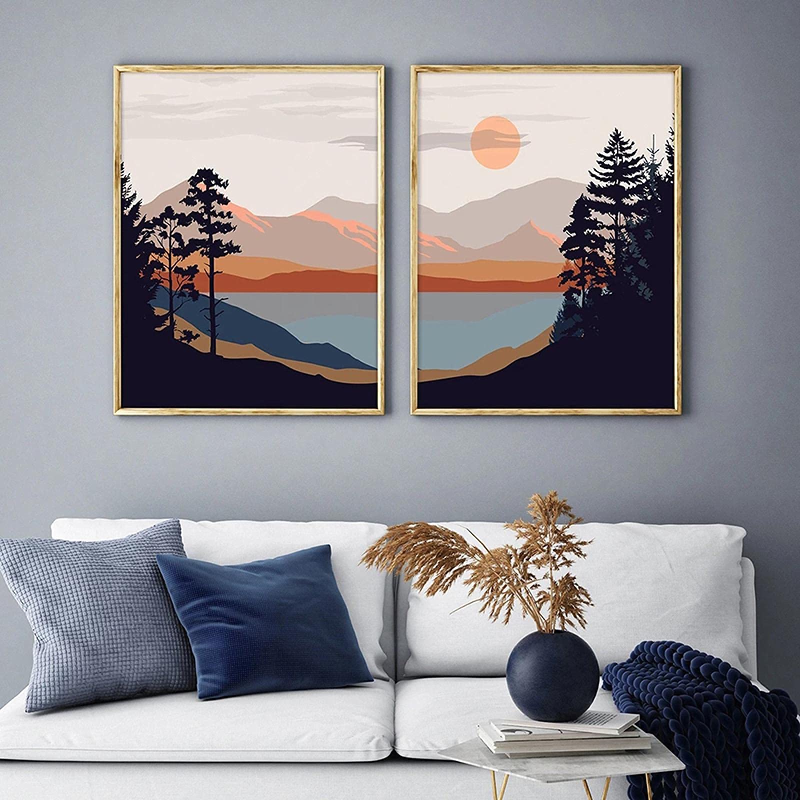 Yooyu Sun Paisaje Pintura Terracota Pared Arte Lienzo impresión montaña Lago Cartel Moderno Sala de Estar decoración de Pared 55x80cmx2 Marco Interno