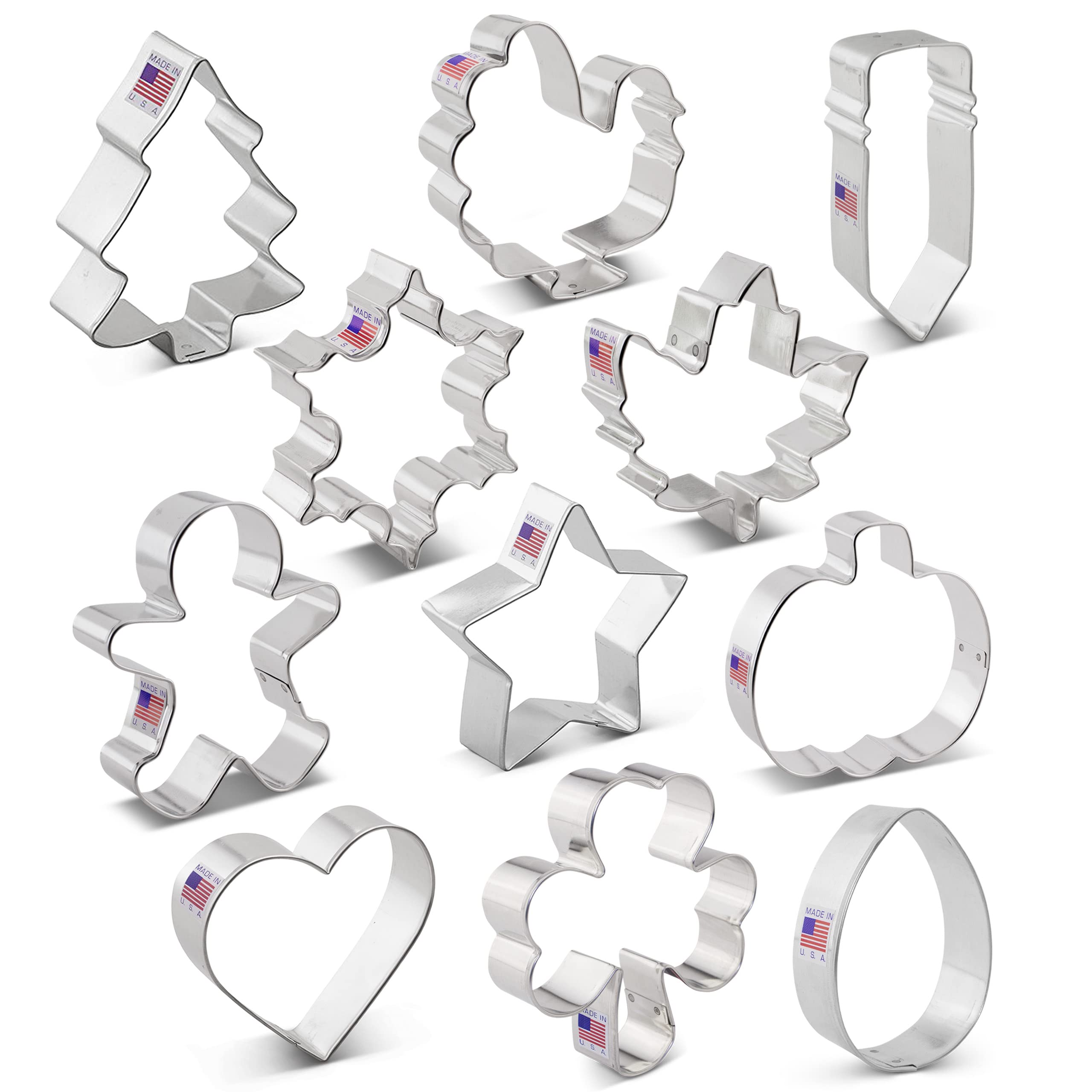 Ann Clark Cookie Cutters Juego de 11 cortadores de galletas para todas las estaciones con libro de recetas, calabaza, pavo, estrella, trébol, huevo de Pascua, hombre de jengibre y más