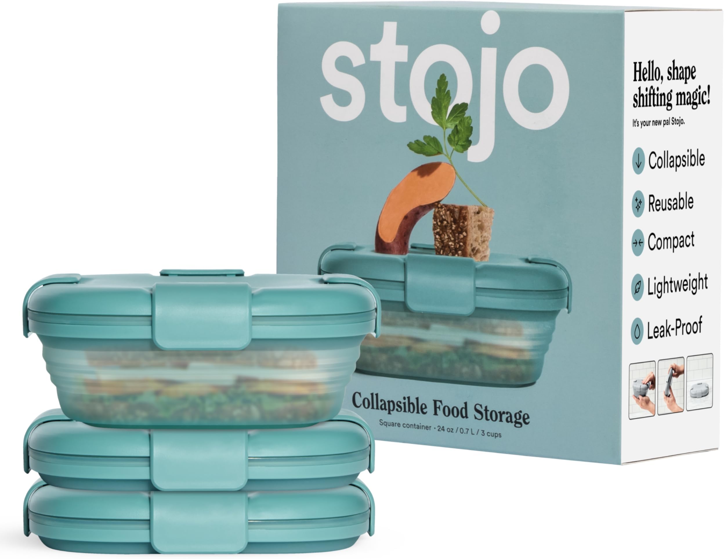 STOJO Collapsible Sandwich Box – 24oz, Reusable Food Storage Container, Silicone Bowl for Hot/Cold Food – Meal Prep, Lunch, Camping, Hiking – Dishwasher Safe (Set of 3, Translucent Eucalyptus)