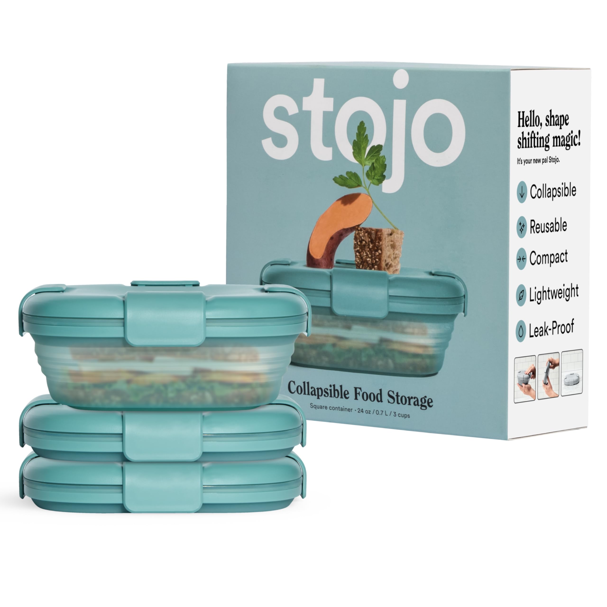 STOJO Collapsible Sandwich Box 3 Set- Translucent Eucalyptus, 24oz - Reusable Food Storage Container - To-Go Travel Silicone Bowl for Hot and Cold Food - for Meal Prep, Lunch, Camping and Hiking