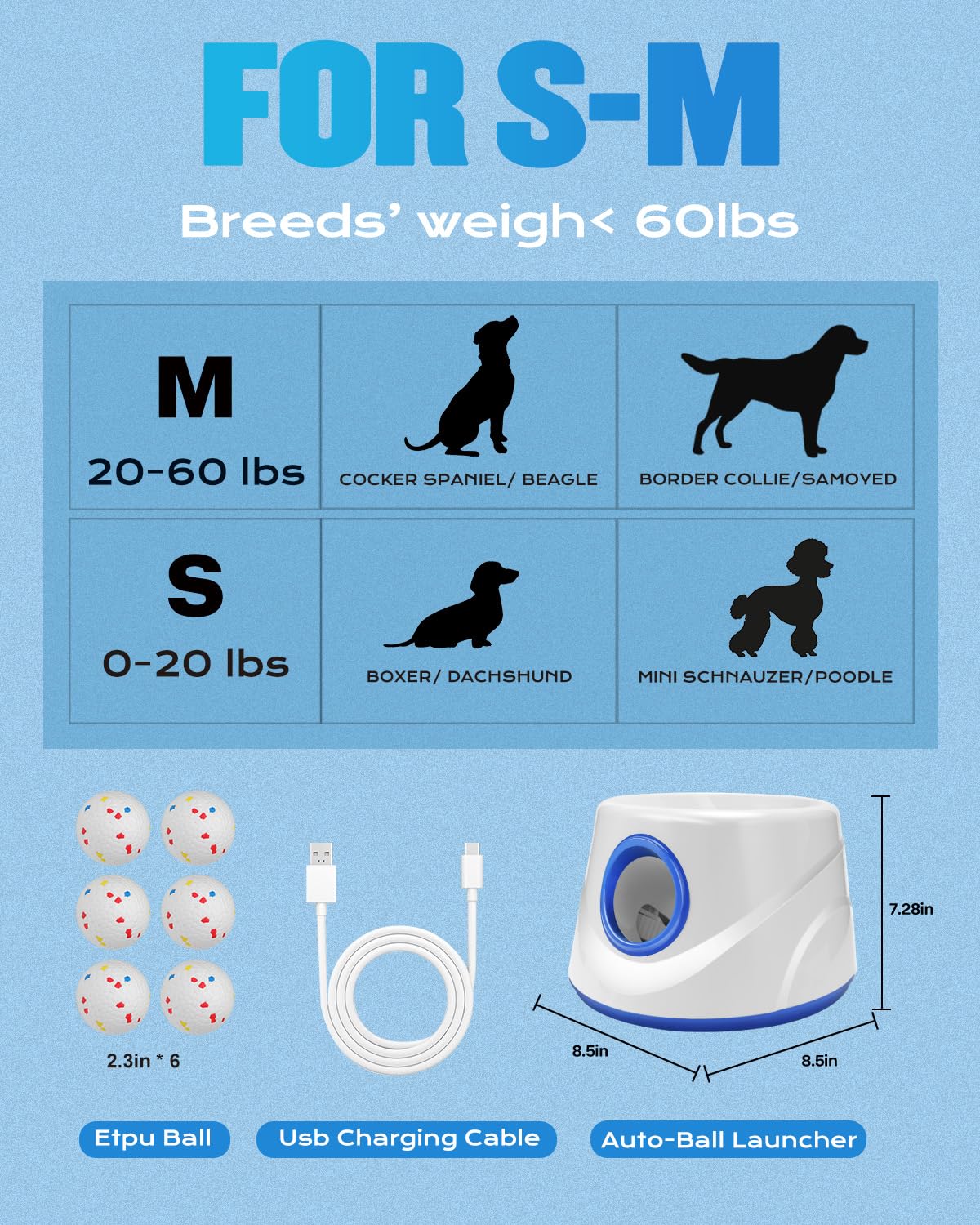 Lanceur de balles automatique pour chien, avec 6 balles ETPU, 5,8 cm (bleu)
