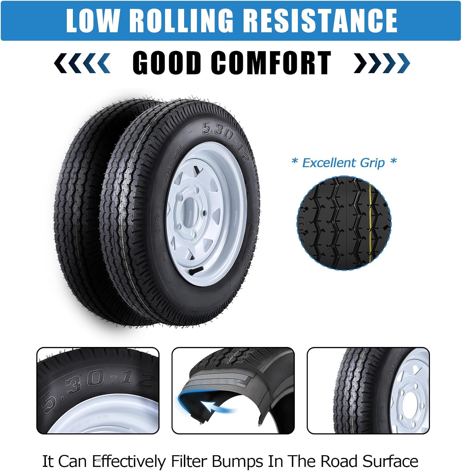 2 Pack 2 5.30-12 5.30x12 530-12 5.30-12 Trailer Tires with 12" Rims, 5 Lug on 4.5", Load Range C, 6PR