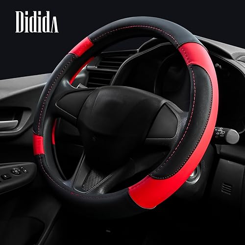 Miniatura 3 de Didida Cubierta de rueda de cuero de microfibra ajuste universal para universal 15 pulgadas, negro y rojo