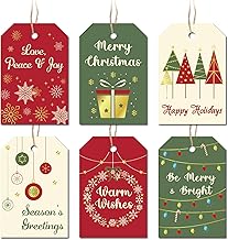 Christmas Gift Tags with String, 48 Pcs Christmas Hanging Tags Label Gold Foil Xmas Present Tag for DIY Xmas Holiday Present Wrapping Decorations, 6 Styles