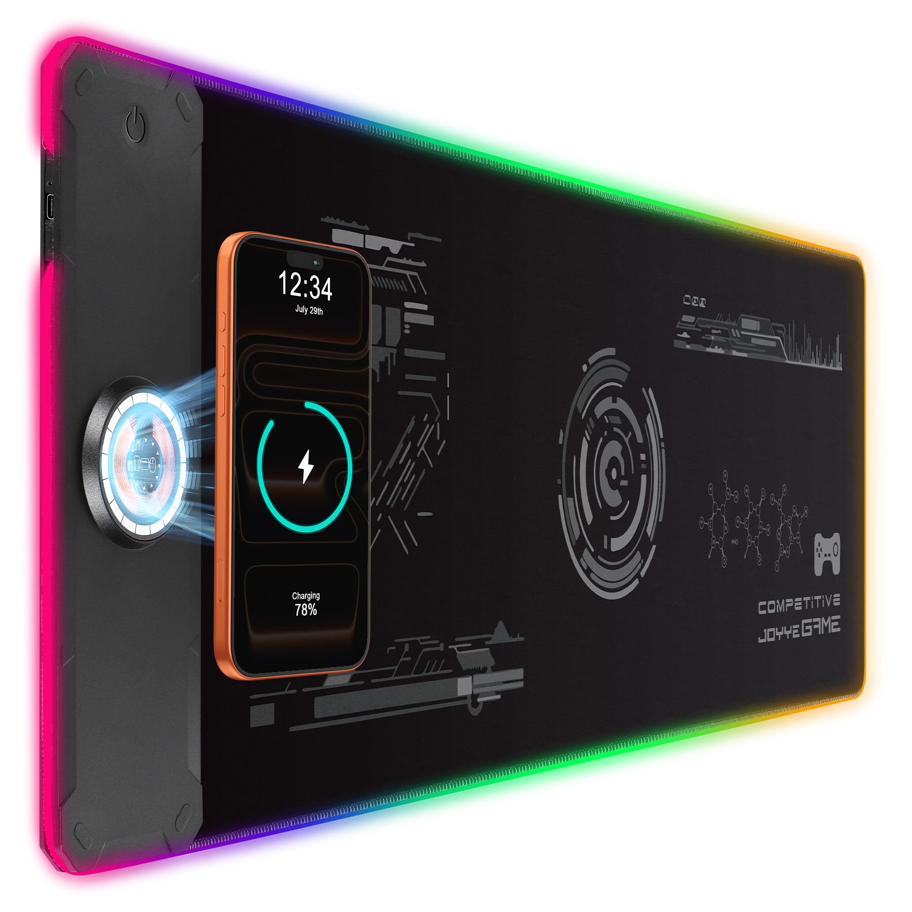 Alfombrilla de mouse grande para juegos con cargador inalámbrico magnético de 15 W, carga rápida, alfombrilla de mouse LED con luz RGB, superficie lisa, base de goma antideslizante, almohadilla para