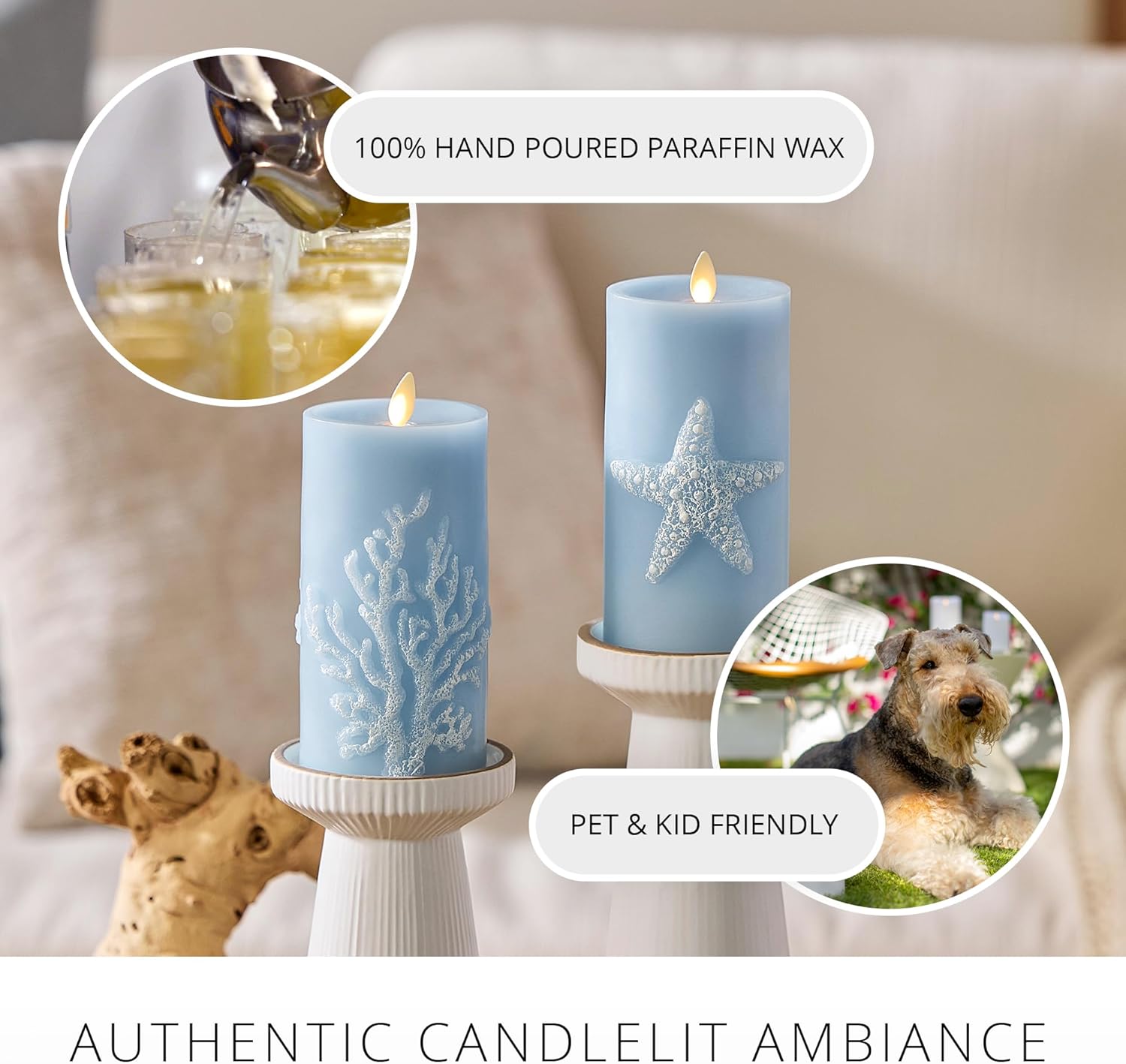 Luminara Embossed Starfish Flameless LED Candle Moving Flame Pillar, Unscented Real Wax with Recessed Edge- 3" x 6.5" (Chambray)