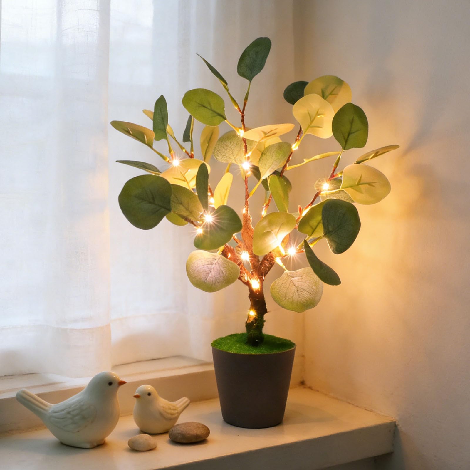 wpdash Eucalyptus Leaf Lamp Simulation Round Leaf Eucalyptus Potted Plant with LED Light USB Power Supply Atmosphere Night Light Suitable for Living Room Windowsill Kitchen Coffee Shop Decor Light — image 1