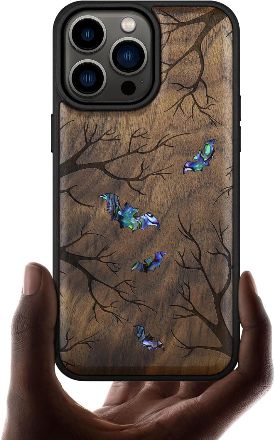 Carveit Designer Wooden Protective Magnetic Case for iPhone 14 Pro Max Case [Wood Engraving & Shell Inlay] Compatible with 14 Pro Max MagSafe (Phoenix in Symmetry-Blackwood)