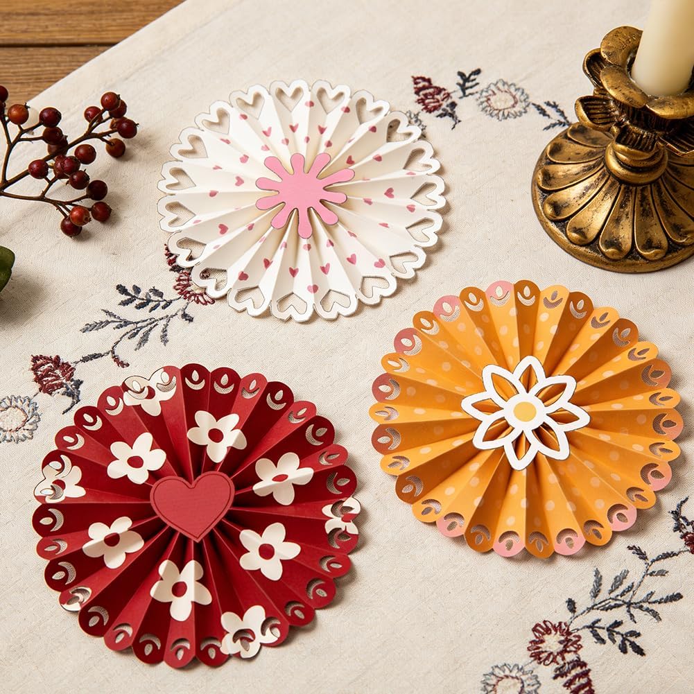 MAYJOYDIY Paper Rosette Fan Metal Die Cuts Lace Border Cutting Dies Paper Fan Making Embossing Template Flowers Heart Shape Carbon Steel Cutting Stencils for Card Scrapbooking Album Gift Decoration image 3