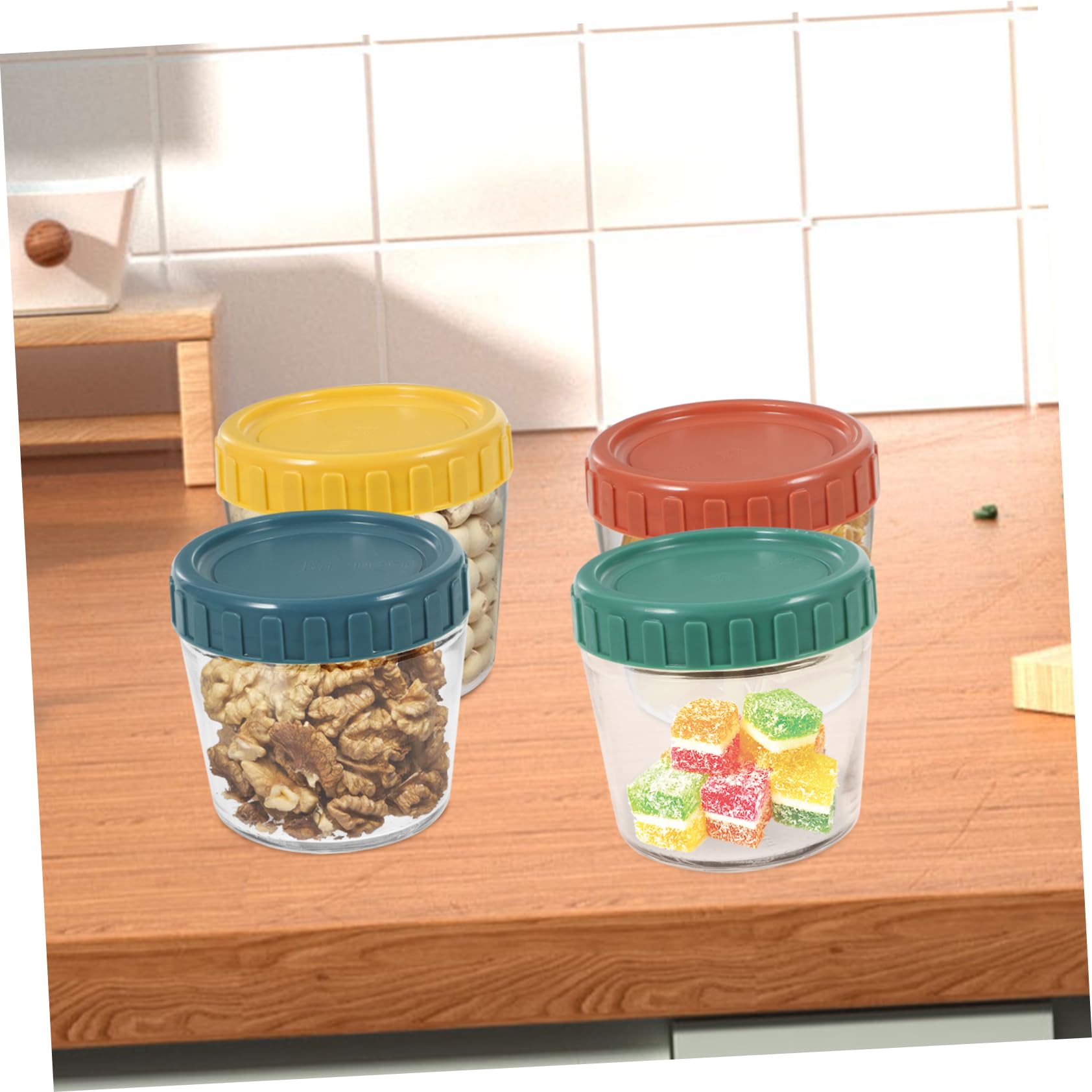 4 piezas Recipientes de Almacenamiento de Vidrio con Tapa y Apilables Tarros de Almacenamiento Reutilizables para Especias y Incluye Funda de Sellado