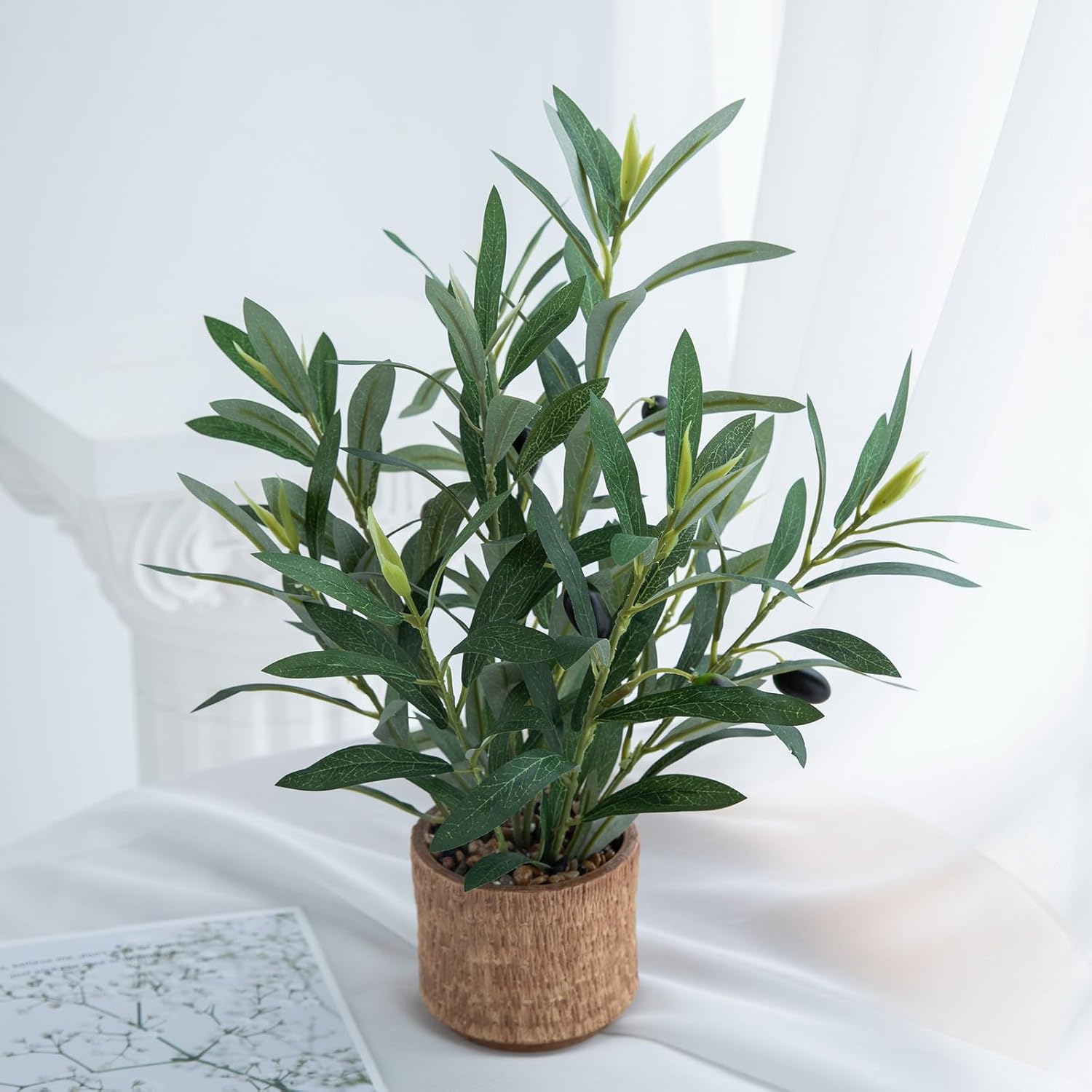 Indoor Fake Olive Plant 12 inch Faux Silk Leaves with Black Rustic Planter Medium Size Perfect Artificial Olive Fruits with Realistic Trunk and Lifelike Stems for Home and Office Decor - Image 2