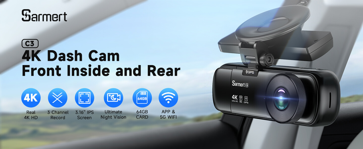 Amazon.com: SARMERT 4K 3 Channel Dash Cam, Dash Cam Front and Rear