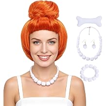FOVER 6-Piece Adults Orange Red Wig with Accessories for Women Costume Halloween Cosplay - Short Updo Bun Synthetic Wig with Necklace Earrings Bracelet Bone Hair Clip & Wig Cap FE064