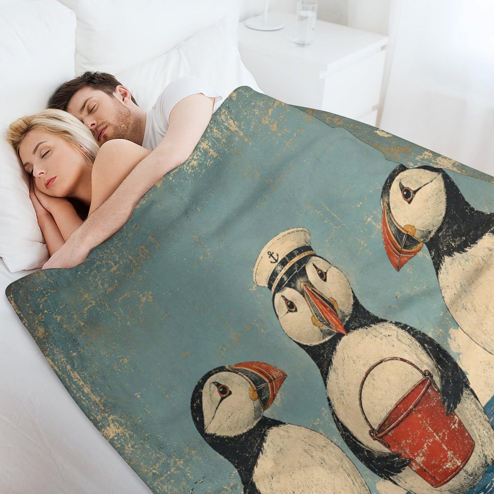 Trio di pulcinella di mare con secchio Coperta Coperta TV Calda | coperta divano morbida con Arte del libro di fiabe e Illustrazione carina per bambini, per divano, letto, 175x200cm(70x80in)